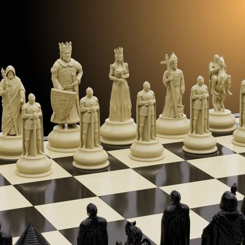Gerendertes Schachspiel mit hellen und dunklen Figuren im Streiflicht
