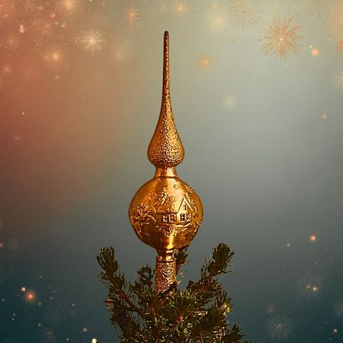 Kupferfarbene Christbaumspitze vor Lichterhintergrund