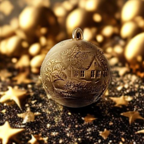 Gedruckte Kugel mit Hausmotiv zwischen goldenen Kugeln