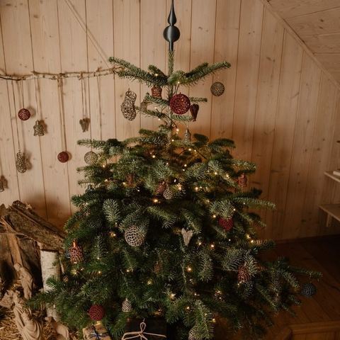 Geschmückter Baum mit gedruckter Spitze vor Holzwand