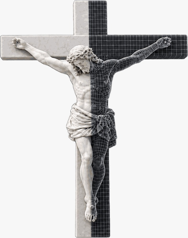 Kruzifix, zur Hälfte als Steinskulptur, zur Hälfte als digitales Gittermodell